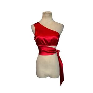 Shein Red Calvaya One Shoulder Tie Side Satin Top size XS